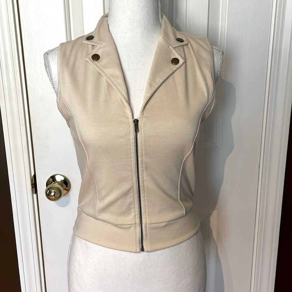 Living Doll Size Small Beige Sleeveless Zipper Top